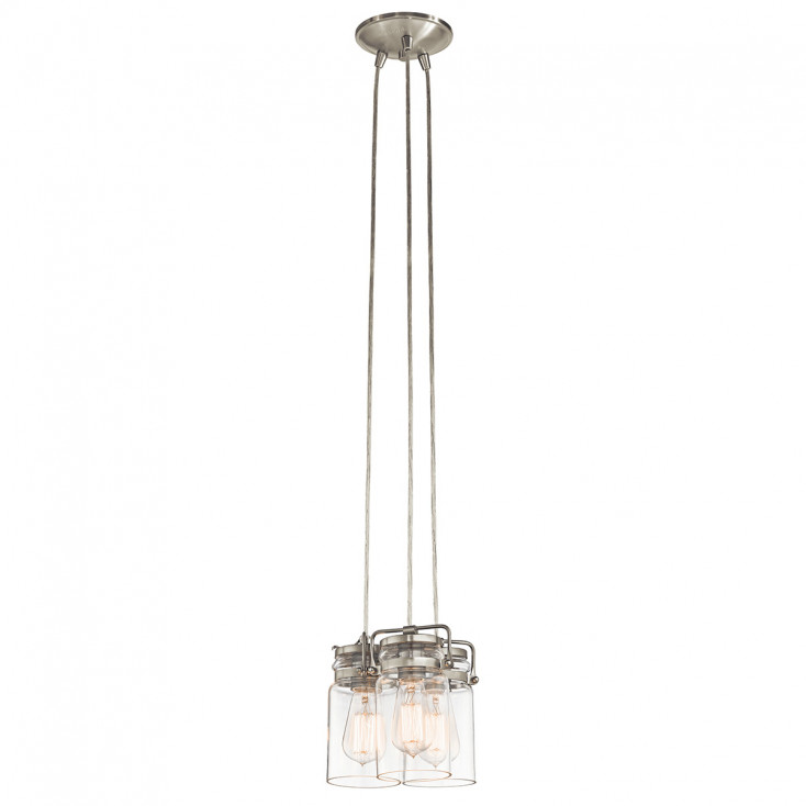 Lampada a sospensione in acciaio con 3 diffusori in vetro dal design industrial