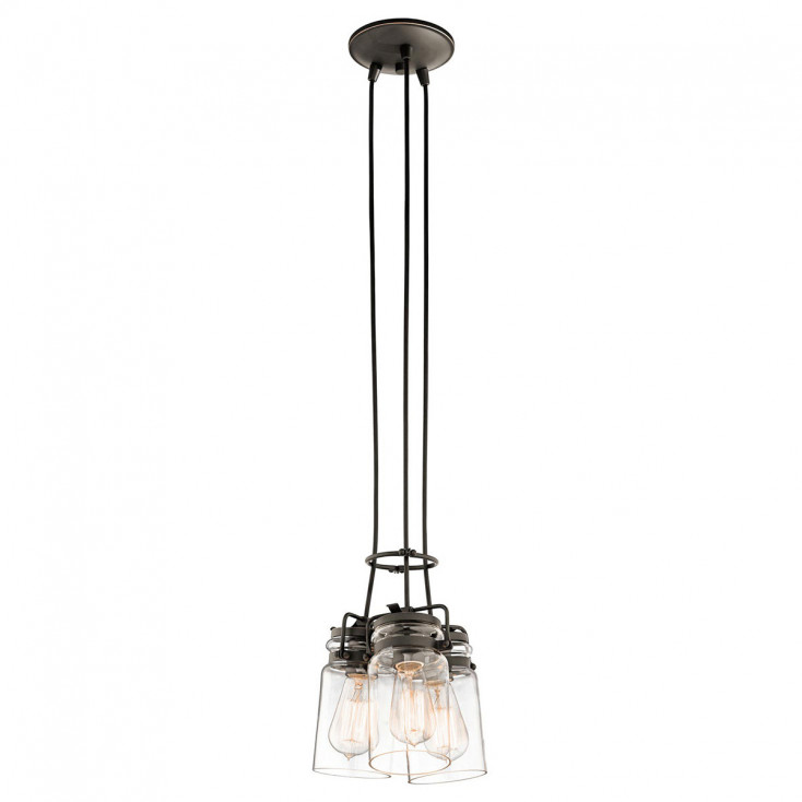 Lampada a sospensione in acciaio con 3 diffusori in vetro dal design industrial