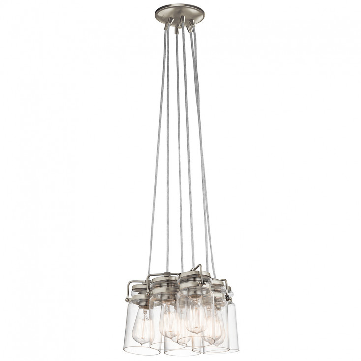 Lampada a sospensione in acciaio dal design industrial con 6 diffusori in vetro
