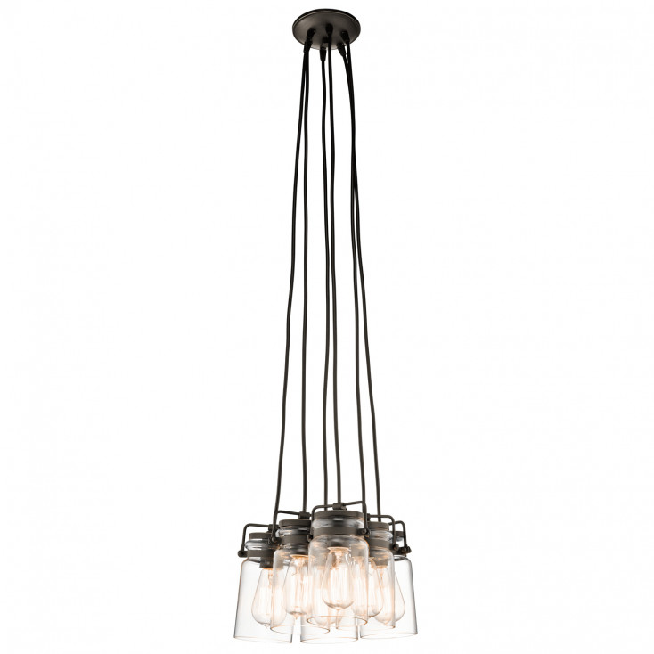 Lampada a sospensione in acciaio dal design industrial con 6 diffusori in vetro