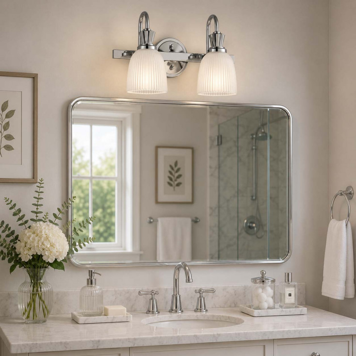 Lampada da parete a 2 luci per bagno struttura in acciaio e diffusori in vetro