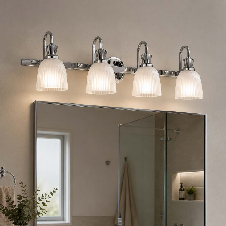 Lampada da parete a 4 luci per bagno struttura in acciaio e diffusori in vetro