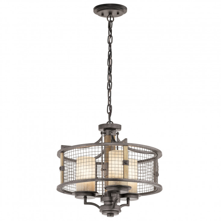 Lampadario con struttura in metallo design rustico e 3 diffusori in vetro