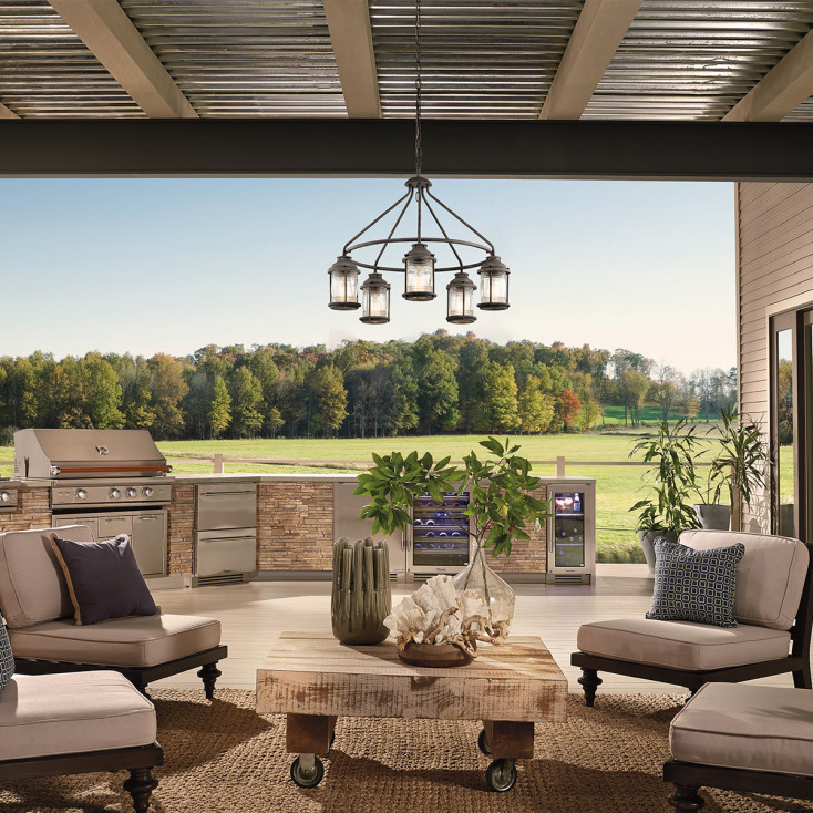 Lampadario da esterno a 5 luci in acciaio e diffusore in vetro