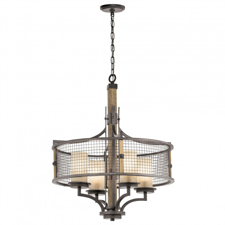 Lampadario design rustico con struttura in metallo e 4 diffusori in vetro
