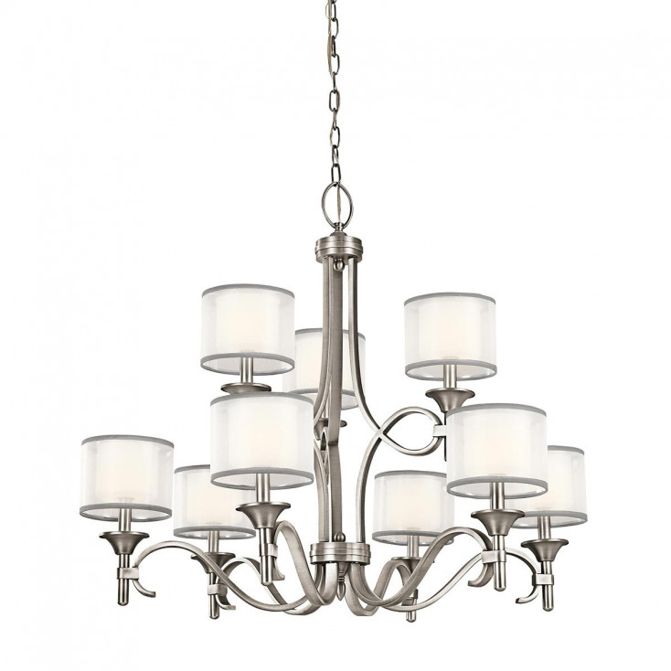 Lampadario grande in acciaio con 9 diffusori in tessuto dal design elegante