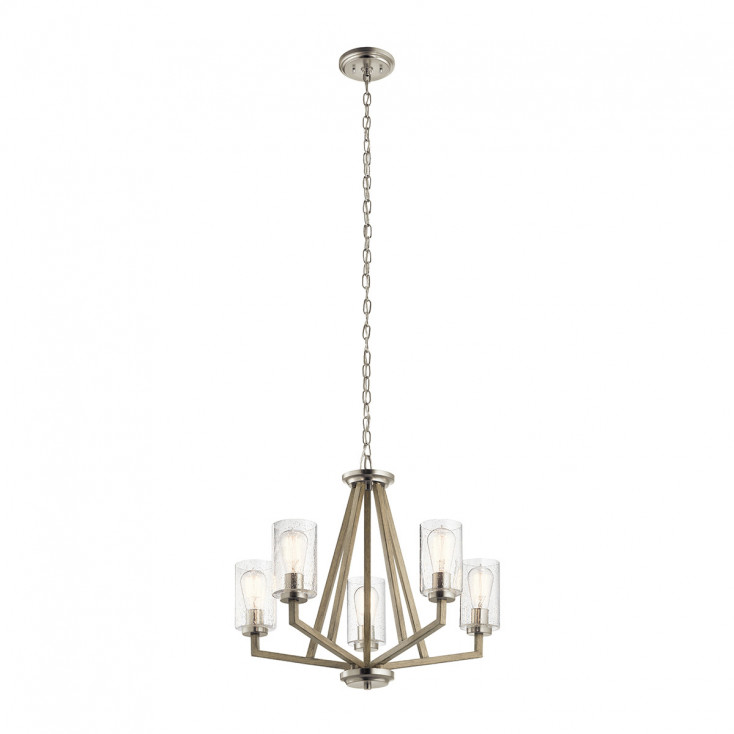 Lampadario in acciaio con 5 diffusori in vetro dal design minimal