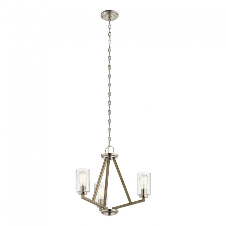 Lampadario in acciaio con triplo diffusore in vetro dal design minimal