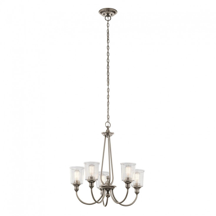 Lampadario moderno grande in acciaio con 5 diffusori in vetro