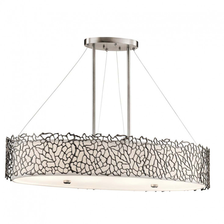Lampadario moderno in metallo con diffusore in tessuto e vetro con 4 lampadine