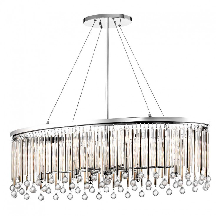 Lampadario ovale a 6 luci dalle linee moderne in acciaio e pendenti in cristallo