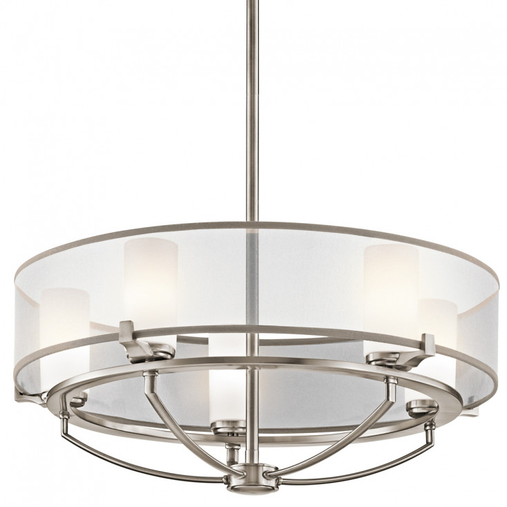 Lampadario rotondo a 5 luci con diffusore in vetro e organza dal design moderno