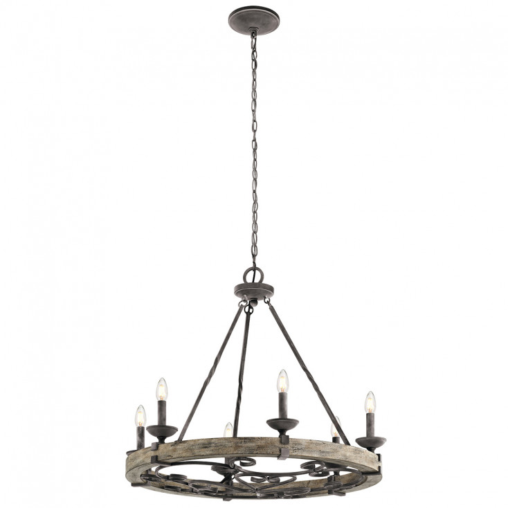 Lampadario stile rustico a 6 luci in metallo e impiallacciatura in legno