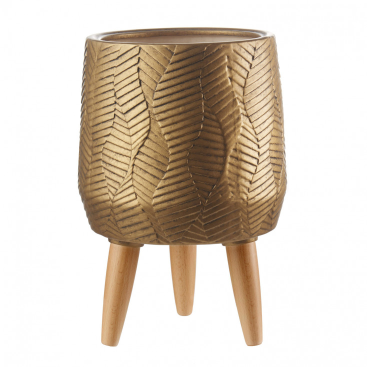 Cache-pot alto in ceramica con piedi in legno dal design moderno