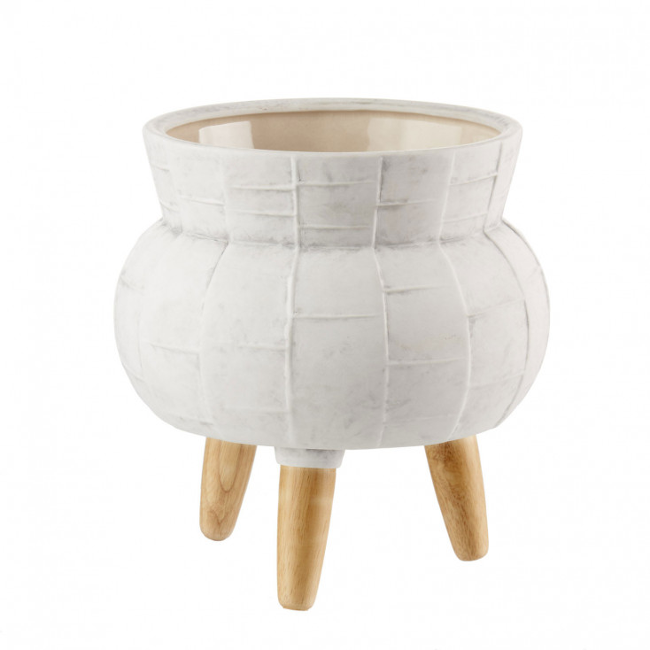 Cache-pot piccolo in ceramica con piedi in legno decorato a mano