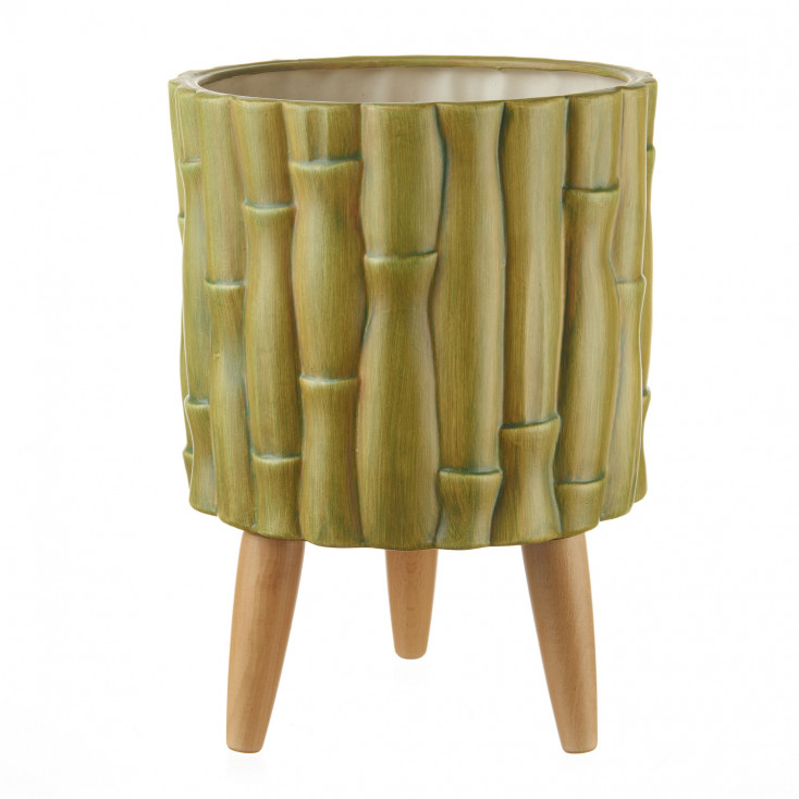 Cachepot alto in ceramica de texture finto bamboo e piedi in legno