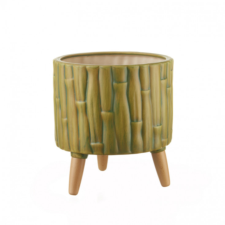 Cachepot basso in ceramica de texture finto bamboo e piedi in legno