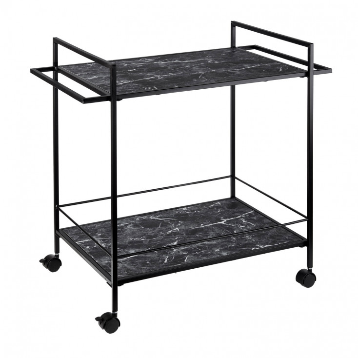 Carrello da cucina con ruote in metallo nero e ripiani effetto marmo