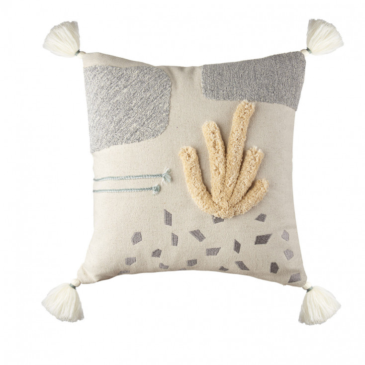 Cuscino in cotone quadrato con ricami e nappe 45x45