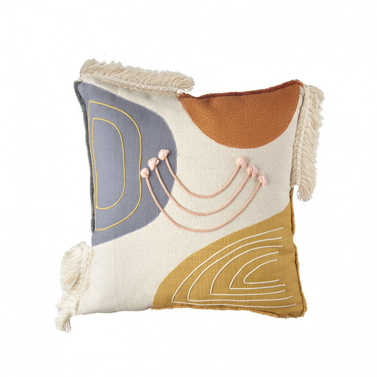 Cuscino quadrato in cotone con ricami astratti e frange 45x45