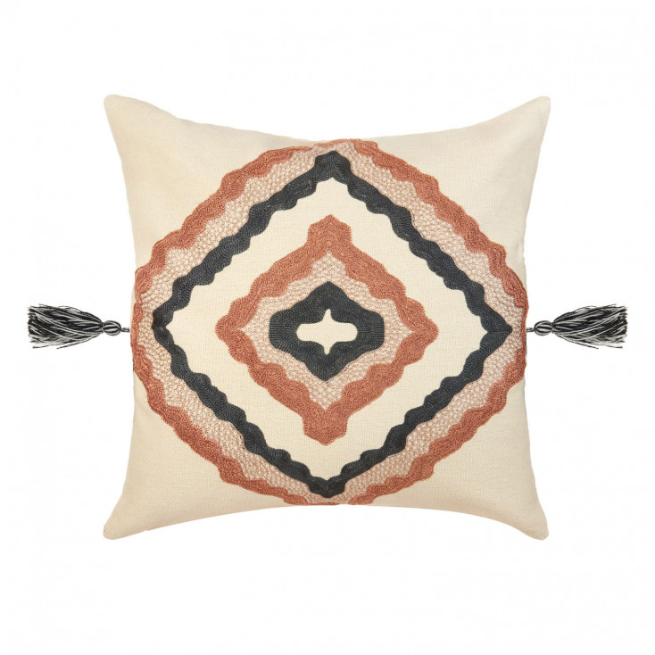 Cuscino quadrato in cotone con ricami e nappe 45x45