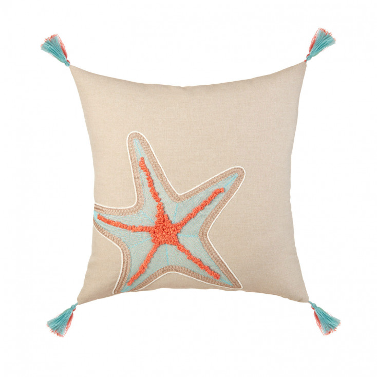 Cuscino quadrato in cotone con ricami e stella marina 45x45