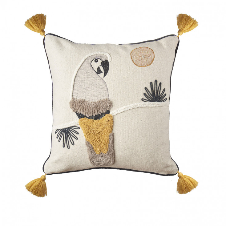 Cuscino quadrato in cotone con ricami etnici e nappe 45x45