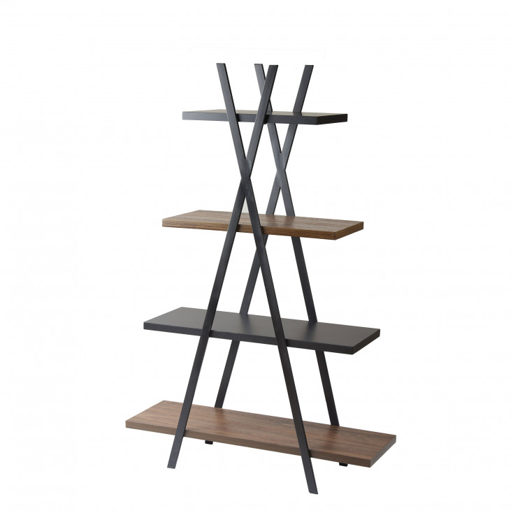 Libreria design moderno a X con ripiani in legno e nero opaco