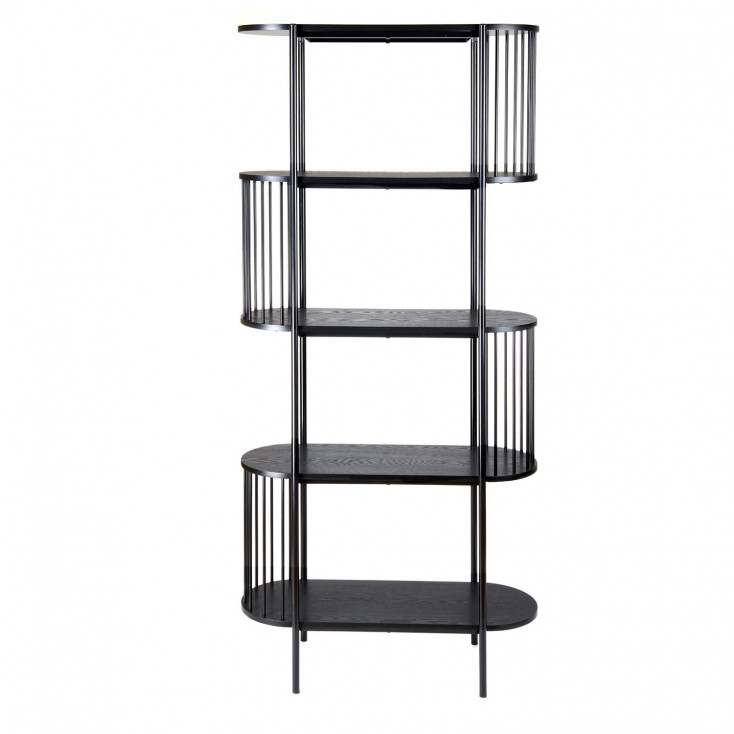 Libreria moderna in metallo nero e legno scuro con 5 ripiani