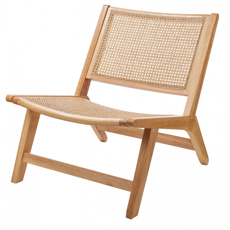 Poltrona bassa in legno e rattan intrecciato per soggiorno, camera o terrazzo
