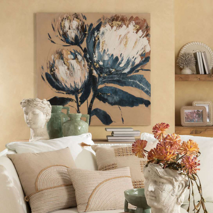 Quadro moderno floreale acrilico su tela con applicazione foglia oro 100x100