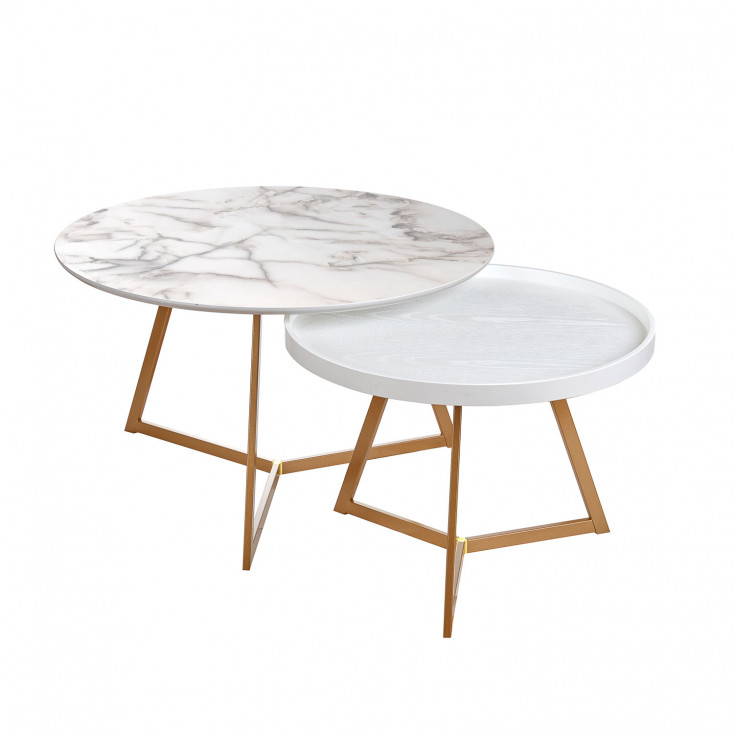 Set 2 pezzi tavolini da salotto con gambe in legno e piano in metallo