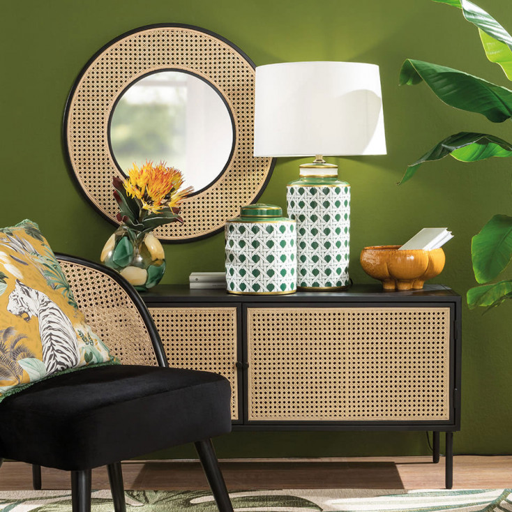Specchio rotondo con cornice in paglia di Vienna e metallo di design