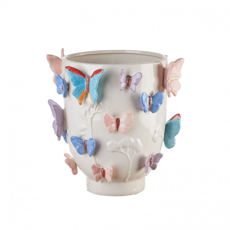 Vaso basso in ceramica con farfalle dal design moderno