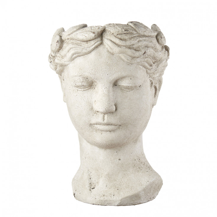 Vaso in cemento con scultura testa di donna