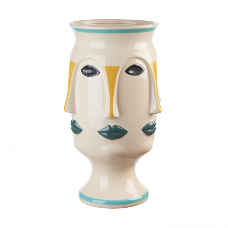 Vaso in ceramica alto con visi decorati a mano