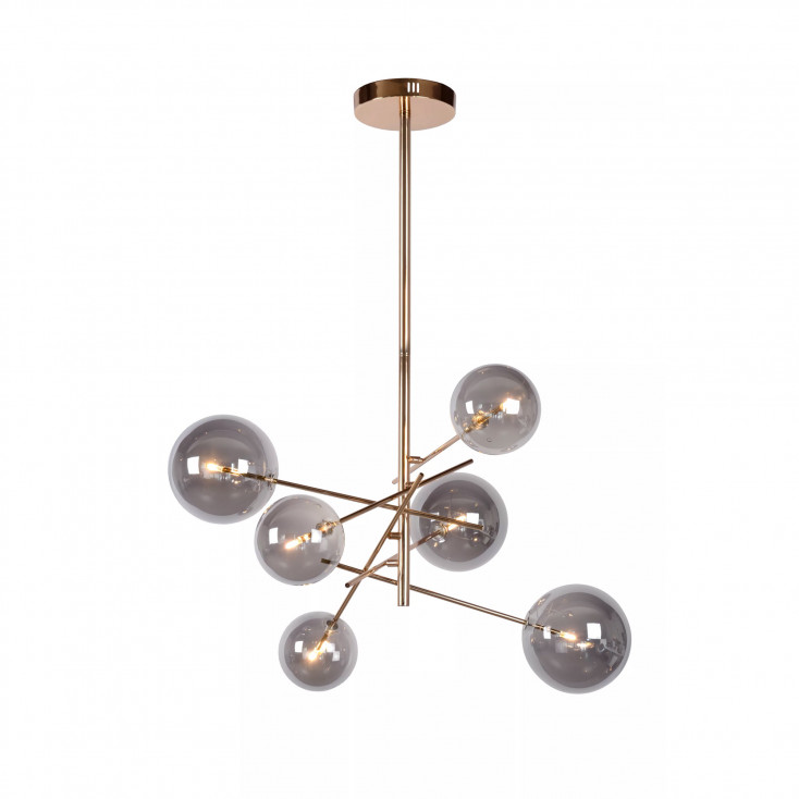 Lampadario con struttura in metallo e sei diffusori in vetro