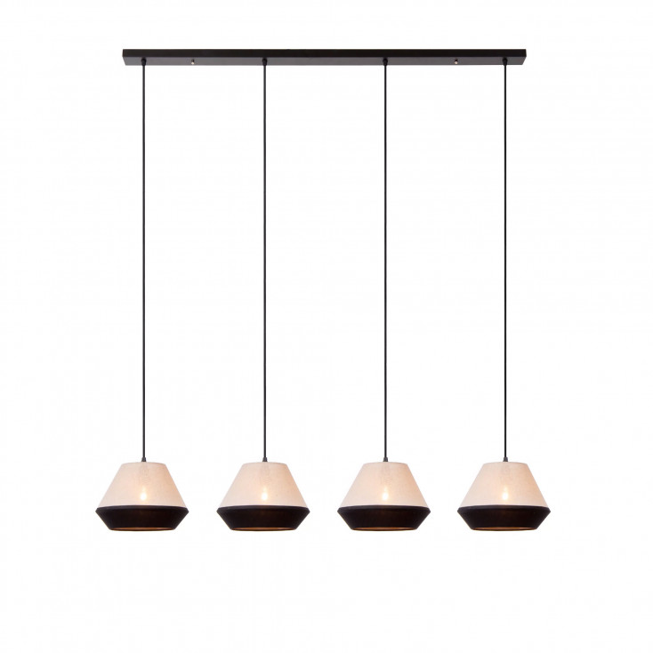 Lampada a sospensione con struttura lineare in metallo con 4 diffusori in lino