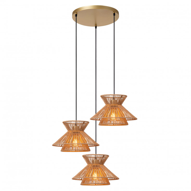 Lampada a sospensione di design rustico con tre paralumi in carta