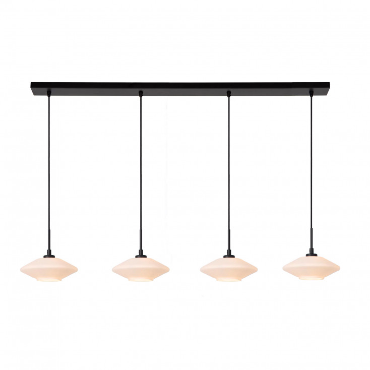 Lampada a sospensione in metallo con quattro diffusori lineari in vetro opalino