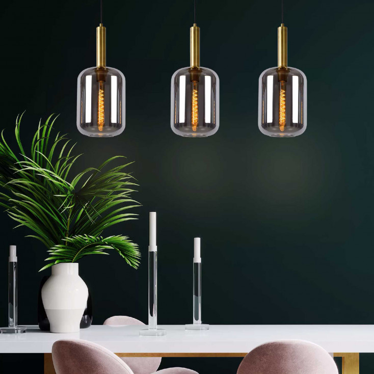 Lampada a sospensione lineare con 3 diffusori in vetro dal design moderno