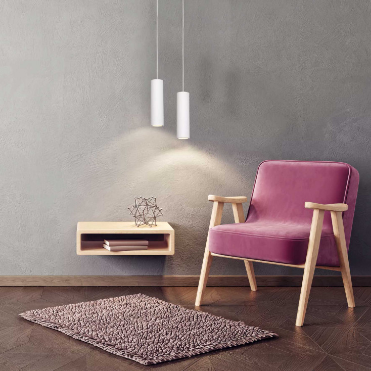 Lampada a sospensione moderna con diffusore in cemento di forma cilindrica