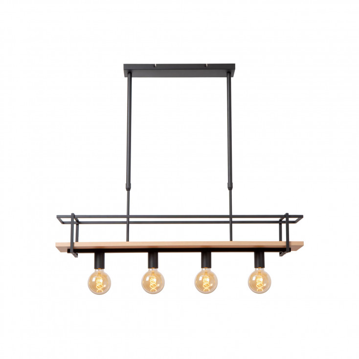 Lampada a sospensione moderna con mensola in legno e 4 diffusori lineari