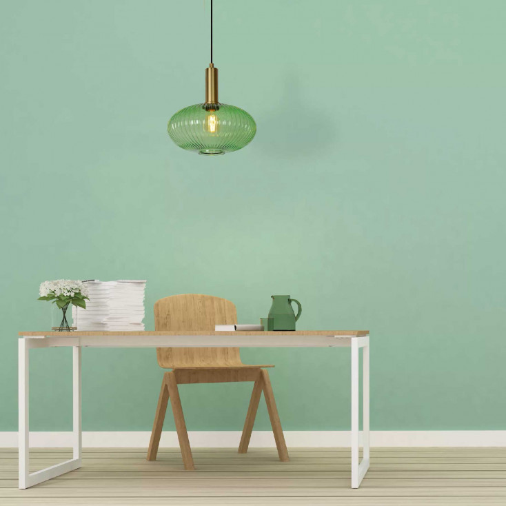Lampada a sospensione moderna in metallo con diffusore ovale in vetro