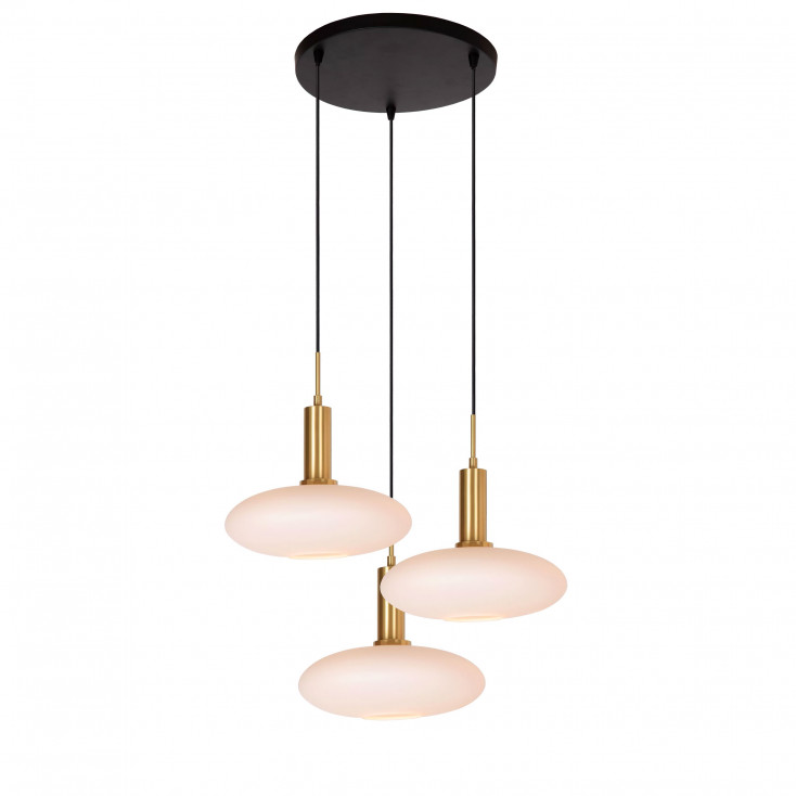 Lampada a sospensione rotonda in metallo con tre diffusori in vetro opalino