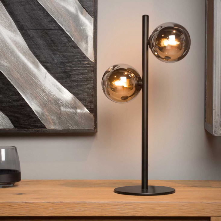 Lampada da tavolo con struttura e base in acciaio 2 diffusori a boccia di vetro