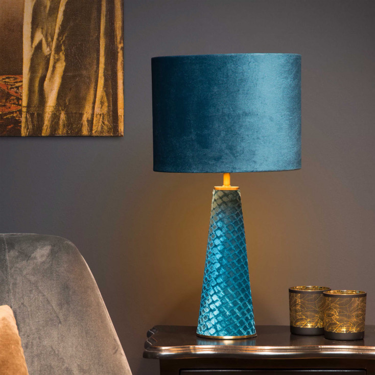 Lampada da tavolo con struttura moderna in metallo e paralume in cotone