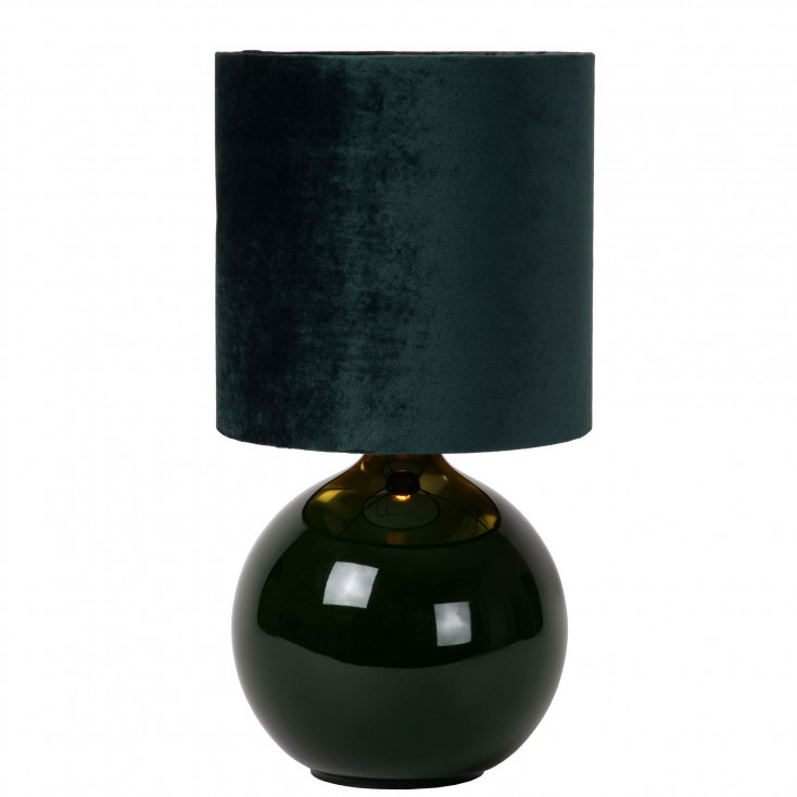 Lampada da tavolo in vetro dal design moderno con diffusore in tessuto