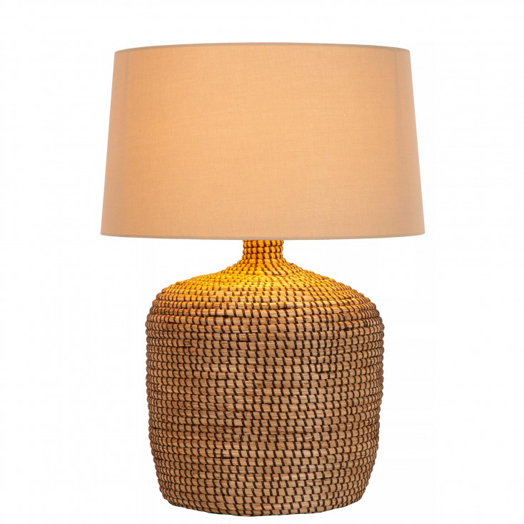 Lampada da tavolo design moderno con base in rattan e diffusore in tessuto