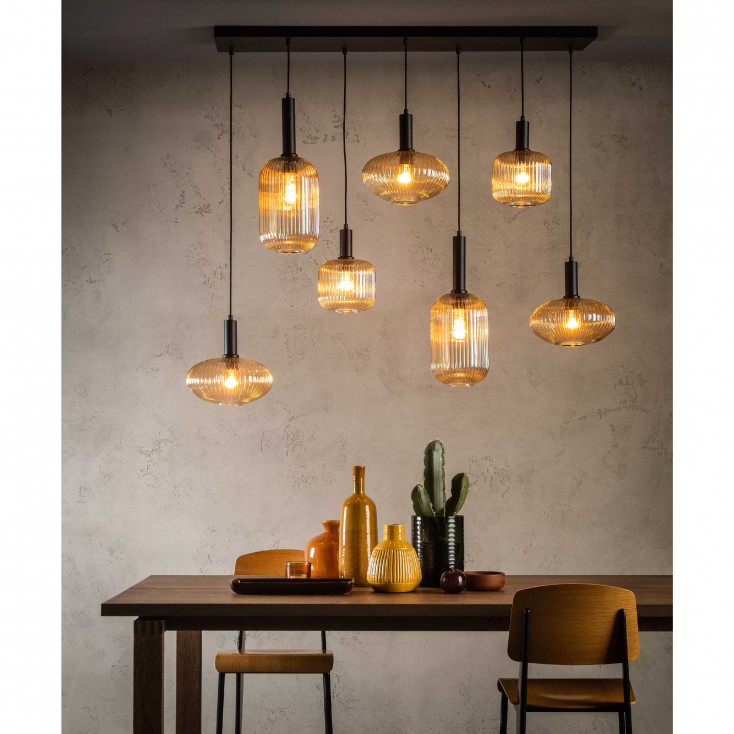 Lampada a sospensione a 7 pendenti con diffusori in vetro dal design moderno
